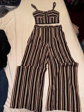 Live to be Spoiled Black & Cream Striped Wide-Leg Two-Piece Set